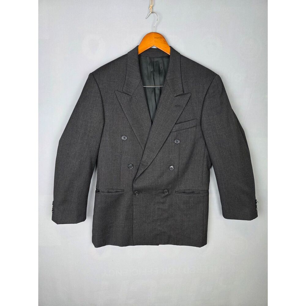 Vintage Kasper 100% Wool Charcoal Double-Breasted Blazer 38R Sport Coat Jacket
